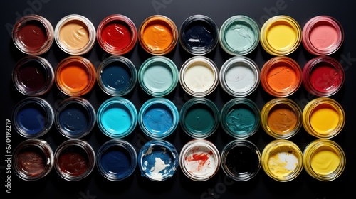 Top view of paint cans on black background. 3D rendering. Generative AI