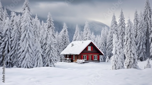 An disconnected wooden cabin in the midst of snow-covered fir trees on a mountain knoll settled profound inside the woods in winter. Christmas postcard. Blanketed mountains timberland © Suleyman Mammadov