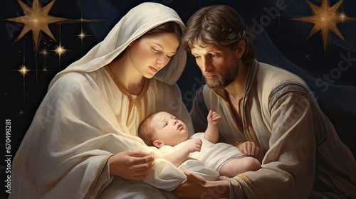Foto Bethlehem nativity, divine presence, Mary, Joseph, baby Jesus, Christmas joy, spiritual connection, devotion, faith