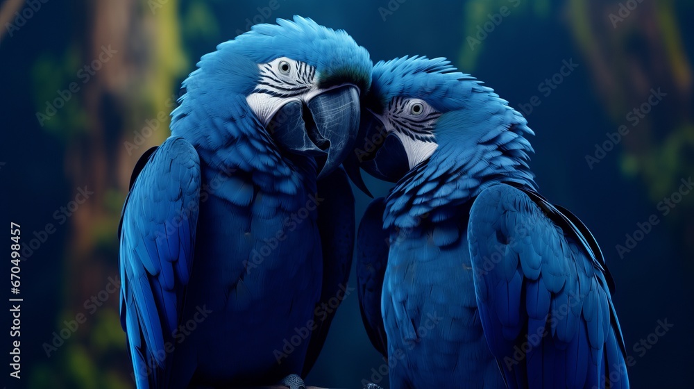 Obraz premium Adoring Blue Hyacinth macaws sitting on the department. Creature adore