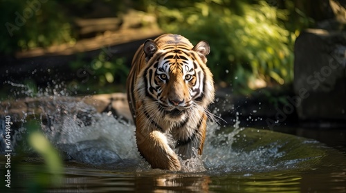 Amur tiger strolling within the water. Unsafe creature, taiga, Creature in green woodland stream. Dark stone, waterway bead. Wild cat in nature environment