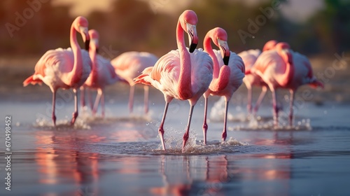 American flamingos  Phoenicopterus rubernice  pink enormous fowls  moving within the water  creature within the nature territory  Natural life scene from nature. Run of colorful winged creatures