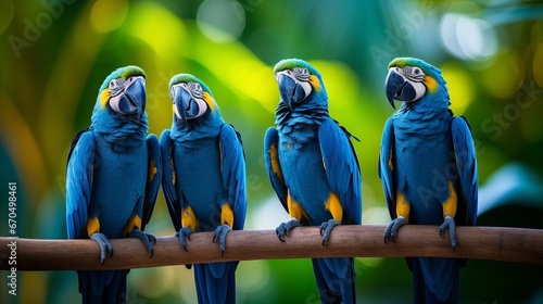 Adoring Blue Hyacinth macaws sitting on the department. Creature adore photo