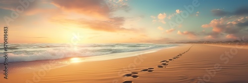 A sandy shoreline with footprints leading to the distant horizon. Coastal wonder, sandy beach, footsteps in the sand, endless seascape, beachfront serenity, seaside serenity. Generated by AI. © Anastasia