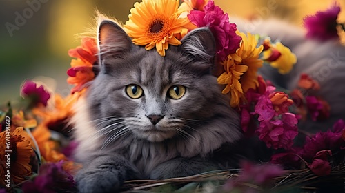 A little gray cat lying in a bushel full of multi-colored dahlias standing on the green grass of the grass with a multi-colored cap on his head and a scarf around his neck. Cozy harvest