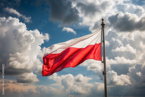 The flag of Poland is waving against the sky.