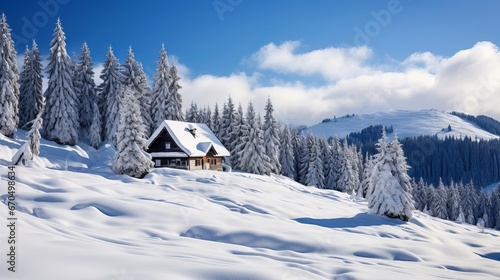 A hilly winter vista exhibiting a solitary cabin in the midst of the snow-covered conifers within the middle of a thick timberland. Christmas postcard. Blanketed mountains woodland
