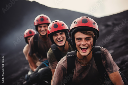 Group of young people volcano boarding, extreme sports