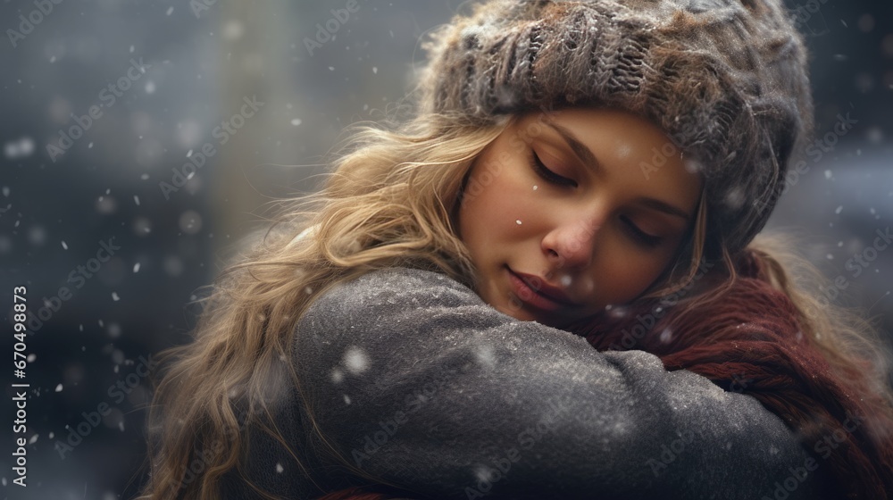 A Blond Women in a winter outfit smiles with snow and bokeh lights behind, creating a Christmas and New Year mood A Blond Women in a winter outfit smiles with snow and bokeh lights behind, creating a Christmas and New Year mood