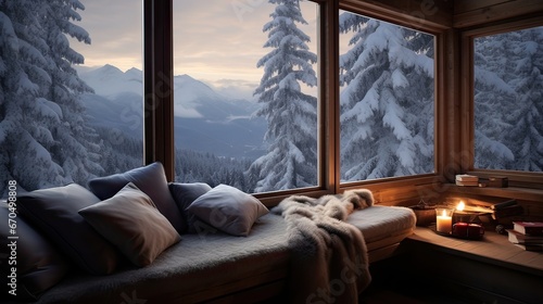 Snowy tranquility, comfy corner, winter wonder, serene moments, seasonal charm. Generated by AI. © Anastasia