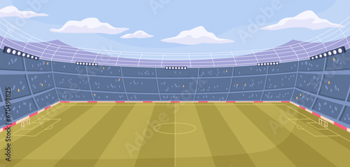 Big football or soccer stadium with big green field, vector illustration of empty sport tribunes with lights in flat cartoon style. Stadium for tournaments or championships, empty arena