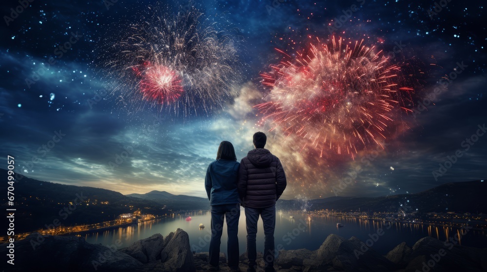 A couple watches fireworks over a cityscape on a magical night of love and celebration.Christmas or New Years celebrations, - obrazy, fototapety, plakaty 
