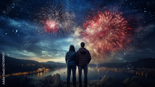 A couple watches fireworks over a cityscape on a magical night of love and celebration.Christmas or New Years celebrations,