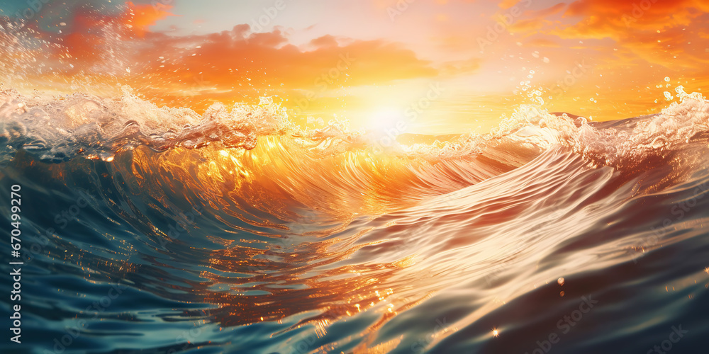 Closeup of the ocean wave. The sea in the light of summer sunset. Travel, vacation concept. Generative AI