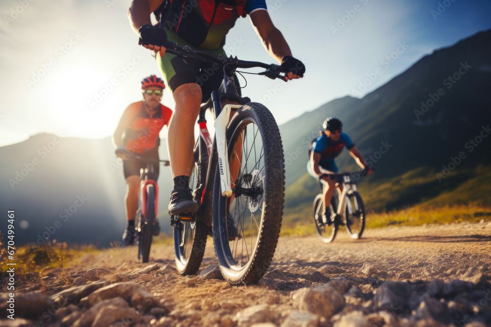 Fototapeta premium Mountain bike race outdoors at sunset. Extreme sport
