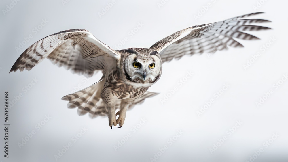 Closeup of a flying owl on a light background created with Generative AI Closeup of a flying owl on a light background created with Generative AI