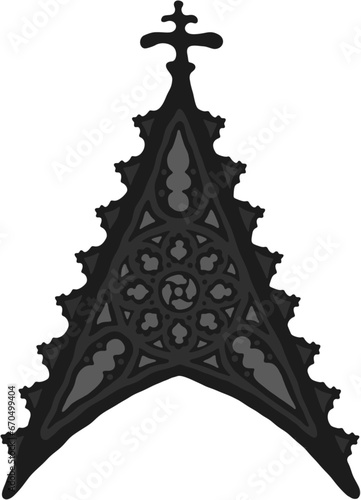 Gothic wimperg/gable/niche stylized drawing. Architectural stone frame; european medieval cathedral/church tracery/engraving illustration, vector