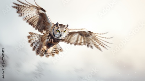 Closeup of a flying owl on a light background created with Generative AI