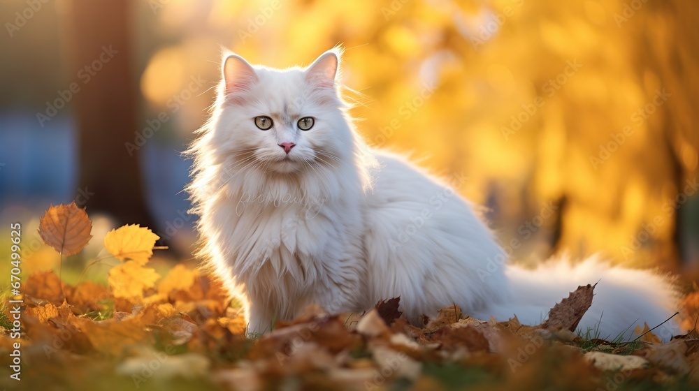 Grinning white cat, multi-colored eyes, Angora breed. Sits within the foliage within the stop on an harvest time day. Creature in a sweater on the road. The pet plays in ruddy and yellow maple