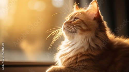 Ginger cat is resting in clever posture. Cushy ruddy cat on warm radiator against white divider. Pennant for site. Unwind calm and peace for creature pet cat. Warming