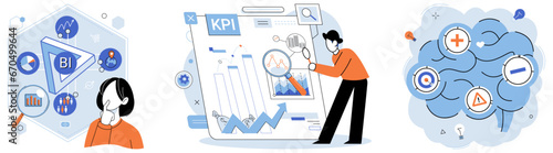 Business strategy. Vector illustration Business strategies guide long-term planning and decision-making Teamwork promotes sense shared responsibility and achievement Corporate leadership sets vision