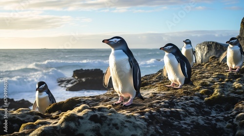 Gather of Ruler penguins  Aptenodytes patagonicus  on the coasts