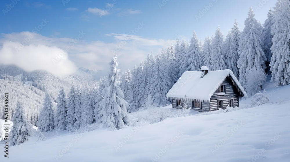 Frigid pine trees and a single wooden house in a forested mountain meadow within the wintertime. Christmas postcard. Blanketed mountains woodland Frigid pine trees and a single wooden house in a forested mountain meadow within the wintertime. Christmas postcard. Blanketed mountains woodland
