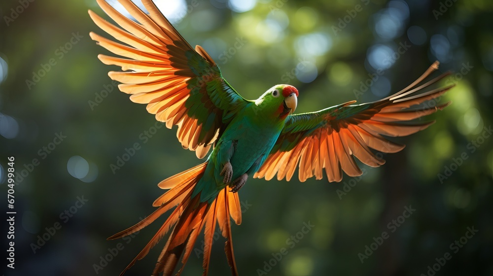 Flying Brilliant Quetzal, Pharomachrus mocinno, with green timberland in foundation. Radiant sacrosanct green and ruddy feathered creature. Activity flight minute with Brilliant Quetzal