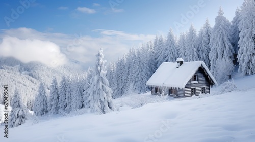 Frigid pine trees and a single wooden house in a forested mountain meadow within the wintertime. Christmas postcard. Blanketed mountains woodland