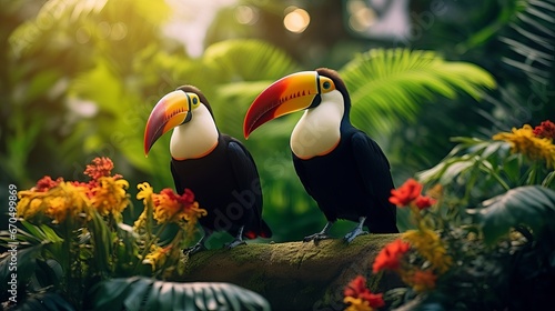 Flat pennant with two lovely colorful toucan feathered creatures (Ramphastidae) on a department in a rainforest. Couple of toucan feathered creature and takes off of tropical plants on © Akbar