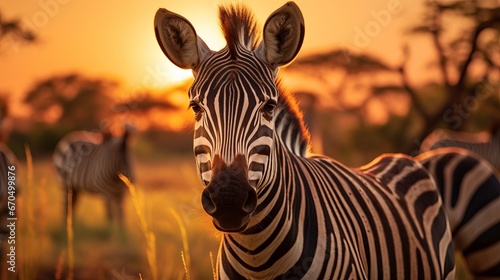 Fields zebra  Equus quagga  within the green nature environment with evening light. Dusk in savanah. Creatures with huge trees