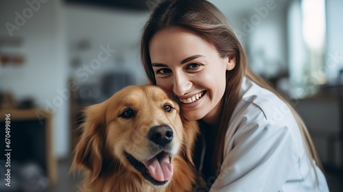 Excellent Female Veterinarian Petting a Respectable Brilliant Retriever Pooch. Solid Pet on a Check Up Visit in Advanced Veterinary Clinic with Cheerful Caring Specialist