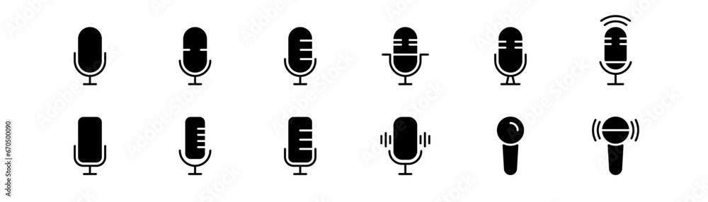 Mic icon set. Black microphone. Radio mic in glyph. Microphone symbol. Vector illustration. Mic icon set. Black microphone. Radio mic in glyph. Microphone symbol. Vector illustration.