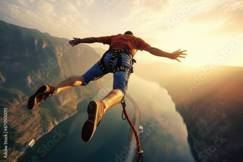 Man bungee jumping from the cliff. Extreme sports photo