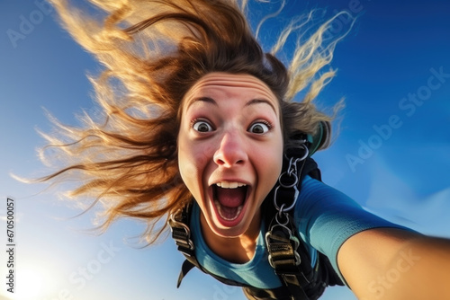 Young girl screaming loudly while bungee jumping. Extreme sports photo