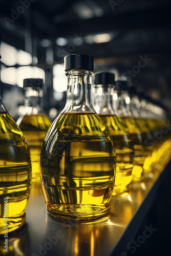Close up a glass bottle with olive oil on production line, industry, convey, AI Generative.