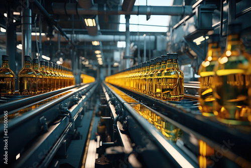 Close up a glass bottle with olive oil on production line, industry, convey, AI Generative.