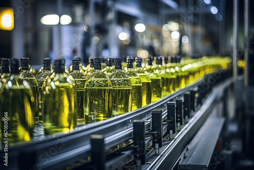 Close up a glass bottle with olive oil on production line  industry  convey  AI Generative.