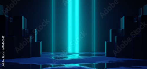 futuristic gaming esports background abstract wallpaper, cyberpunk style scifi game, stage concert scene in pedestal display room, led neon glow light, 3d illustration rendering