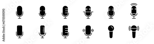 Mic icon set. Black microphone. Radio mic in glyph. Microphone symbol. Vector illustration.