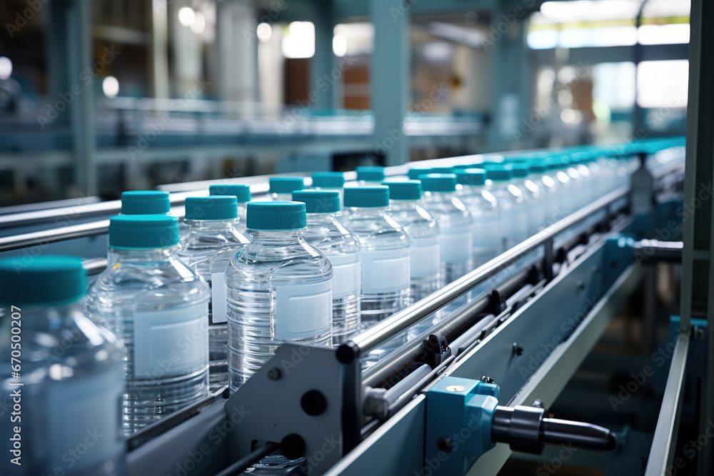 Close up from a bottle industry, conveyor plastic bottles with water on production line, AI Generative.