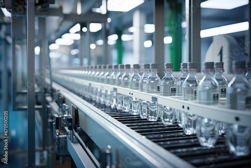 Close up from a bottle industry, conveyor plastic bottles with water on production line, AI Generative.