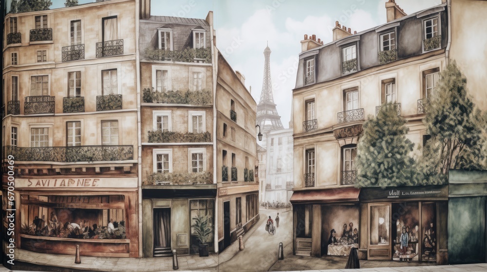 A hand-painted mural of Parisian landmarks. AI generated
