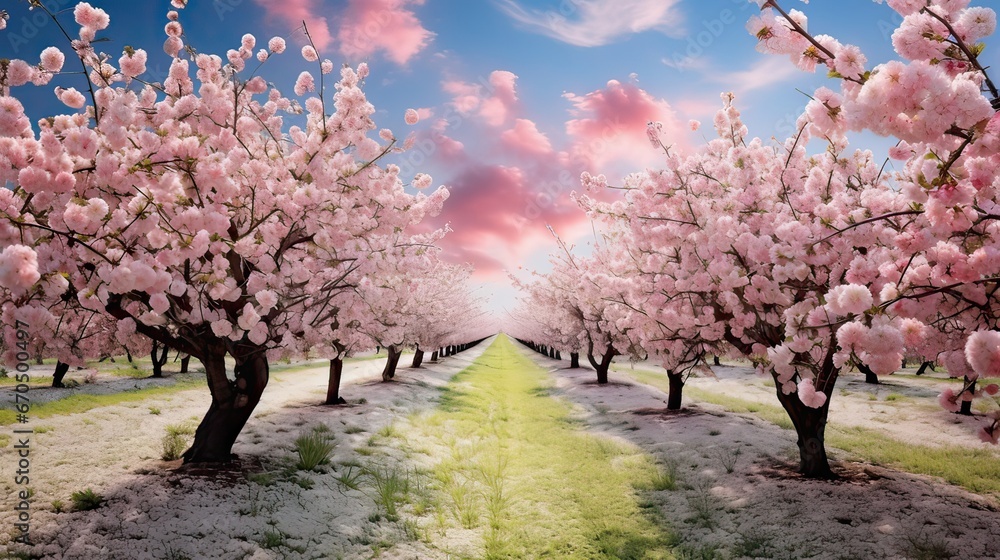 Fototapeta premium Discover the beauty of blossoming apple trees in a vibrant fruit orchard. Orchards in full bloom, fragrant blossoms, springtime vibrancy, colorful display. Generated by AI.