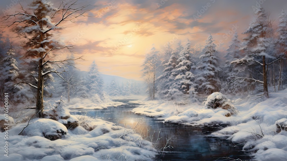 A tranquil winter landscape as evening snowfall blankets the scene. Serene, snowy wonder, peaceful scenery, wintertime quiet, nature's beauty, winter serenity. Generated by AI.