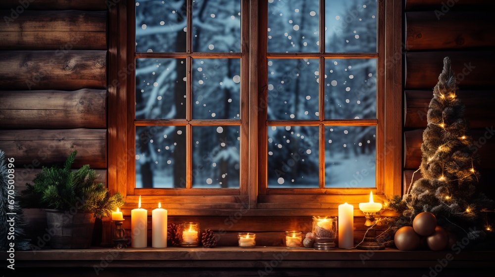 Inviting Christmas window in a log cabin with a bunch of burning candles on the windowsill and a shining Christmas tree unmistakable through the iced sheets Inviting Christmas window in a log cabin with a bunch of burning candles on the windowsill and a shining Christmas tree unmistakable through the iced sheets