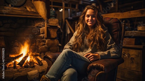 Lady sitting by the campfire in her log cabin