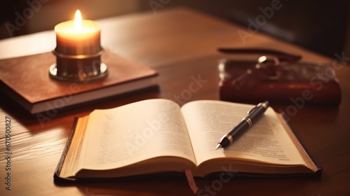 A journal with a pen rests next to the Holy Bible. AI generated