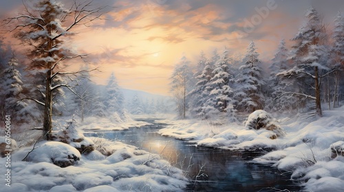 A tranquil winter landscape as evening snowfall blankets the scene. Serene, snowy wonder, peaceful scenery, wintertime quiet, nature's beauty, winter serenity. Generated by AI. © Anastasia
