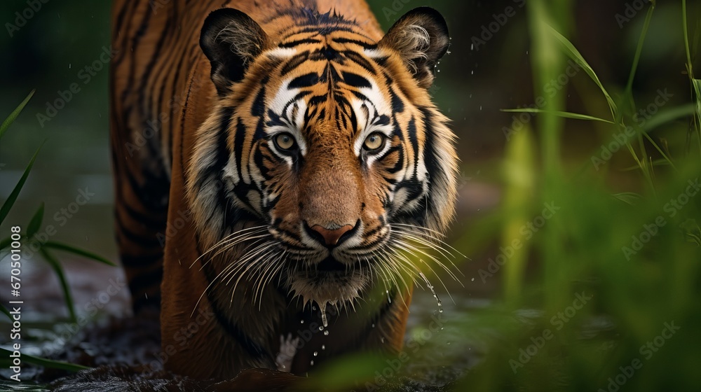 Indian tiger male with to begin with rain, wild creature within the nature territory, Huge cat, imperiled creature. Conclusion of dry season, starting storm
